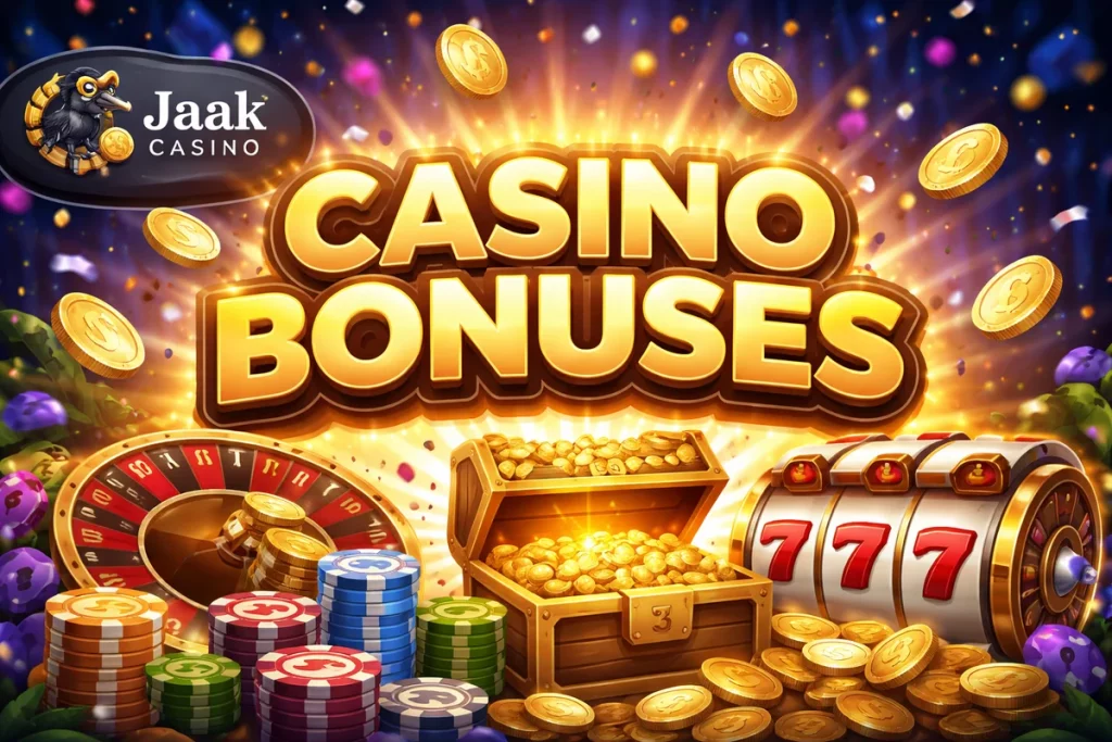 Jaak Casino bonuses illustration with free spins, welcome offers and player rewards