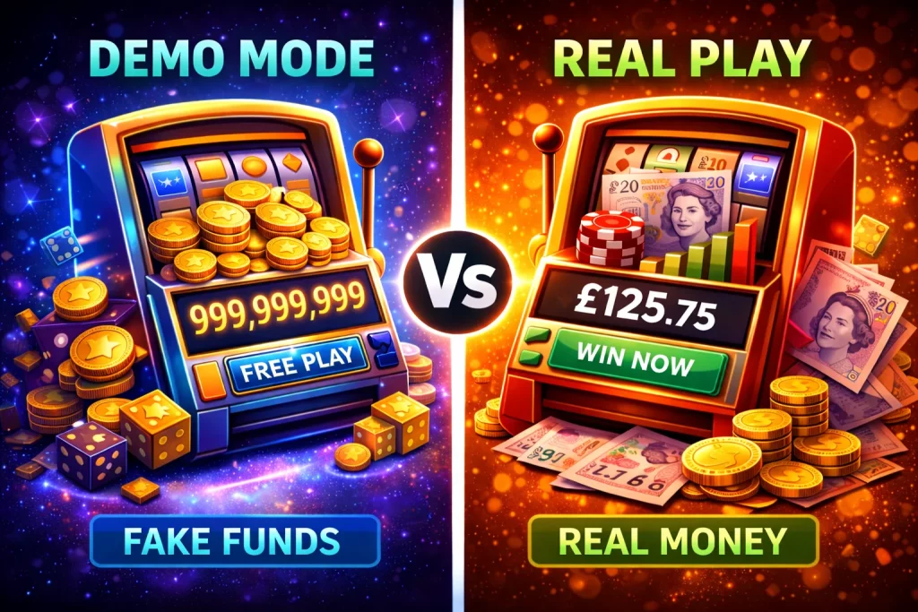 Demo vs real money slots illustration showing gameplay differences at Jaak Casino